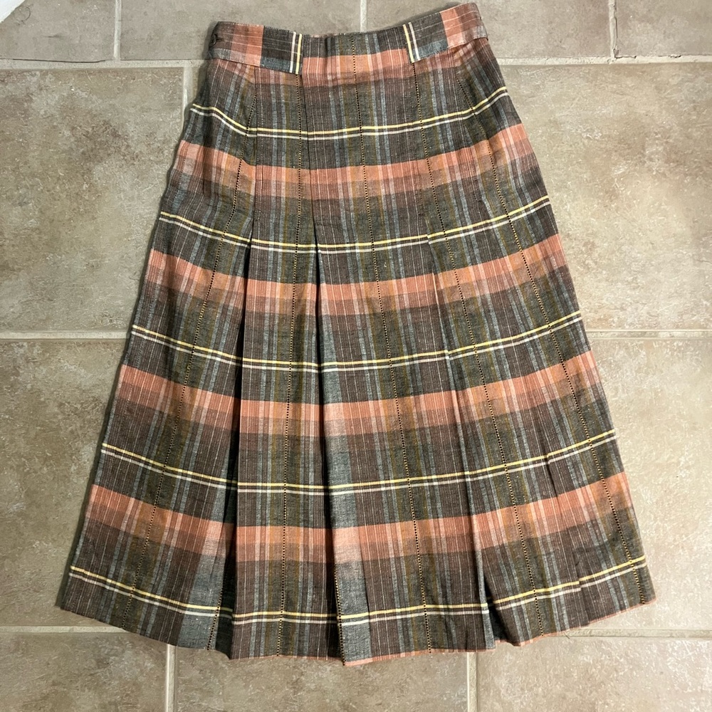 Vintage Ann Taylor Pleated skirt Plaid (peach, yellow, grey, brown)